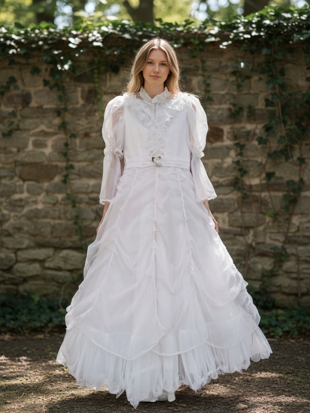 Vintage White Long-Sleeve Bridal Dress with Ruffled Skirt